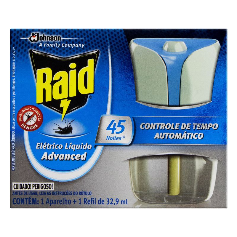 Kit Aparelho + Repelente Elétrico Líquido 45 Noites Raid Advanced 32,9ml Refil