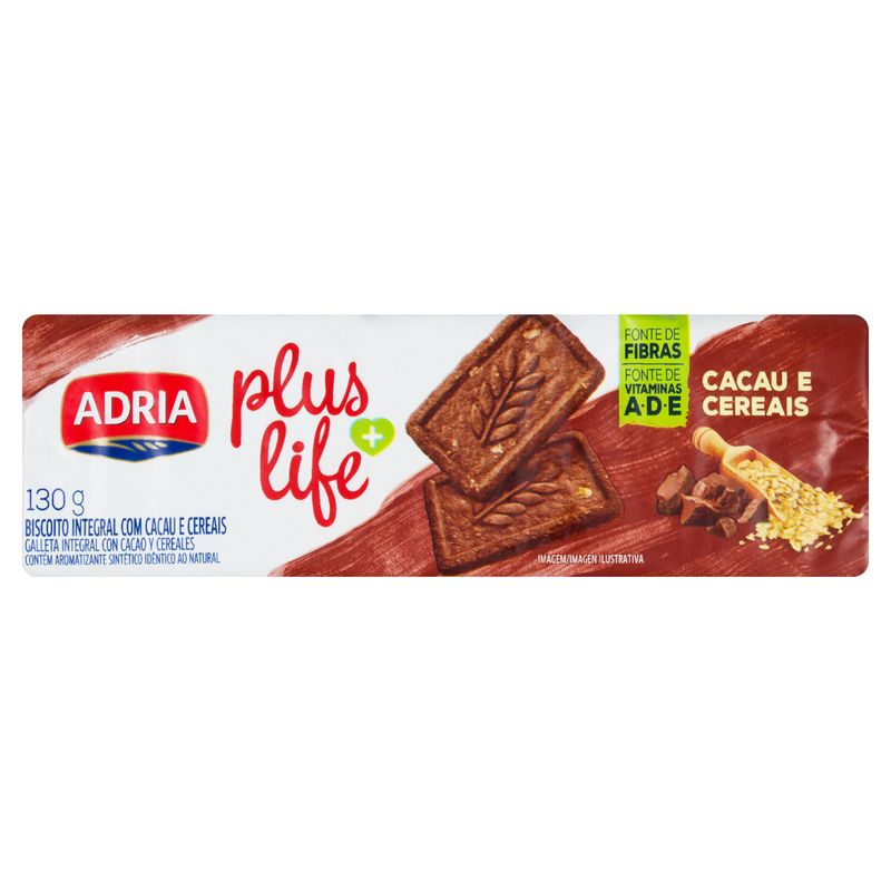 Biscoito Integral Cacau e Cereais Adria Plus Life Pacote 130g