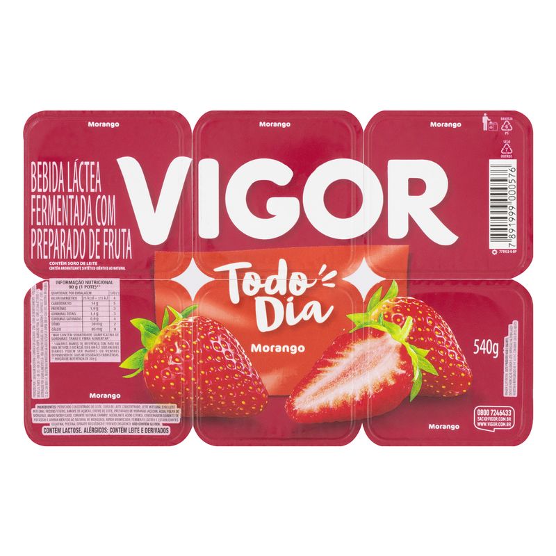Bebida Láctea Fermentada VIGOR Todo Dia Morango Bandeja 540g 6 Un