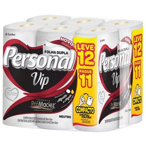 Papel Higienico PERSONAL Vip folha Dupla Neutro Pacote 30m Leve 12 Pague 11