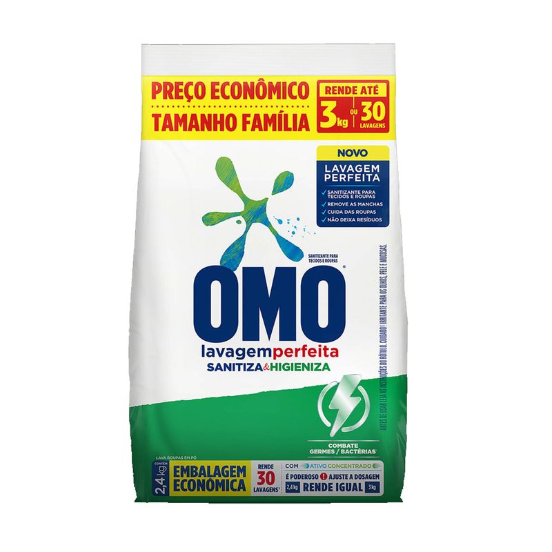 Lava Roupas em Pó OMO Lavagem Perfeita Sanitiza & Higieniza Pacote 2,4kg
