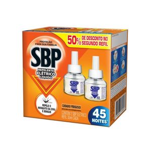 Repelente Elétrico Líquido SBP 2 Refis de 45 noites com 50% off na 2ª un frasco 35ml