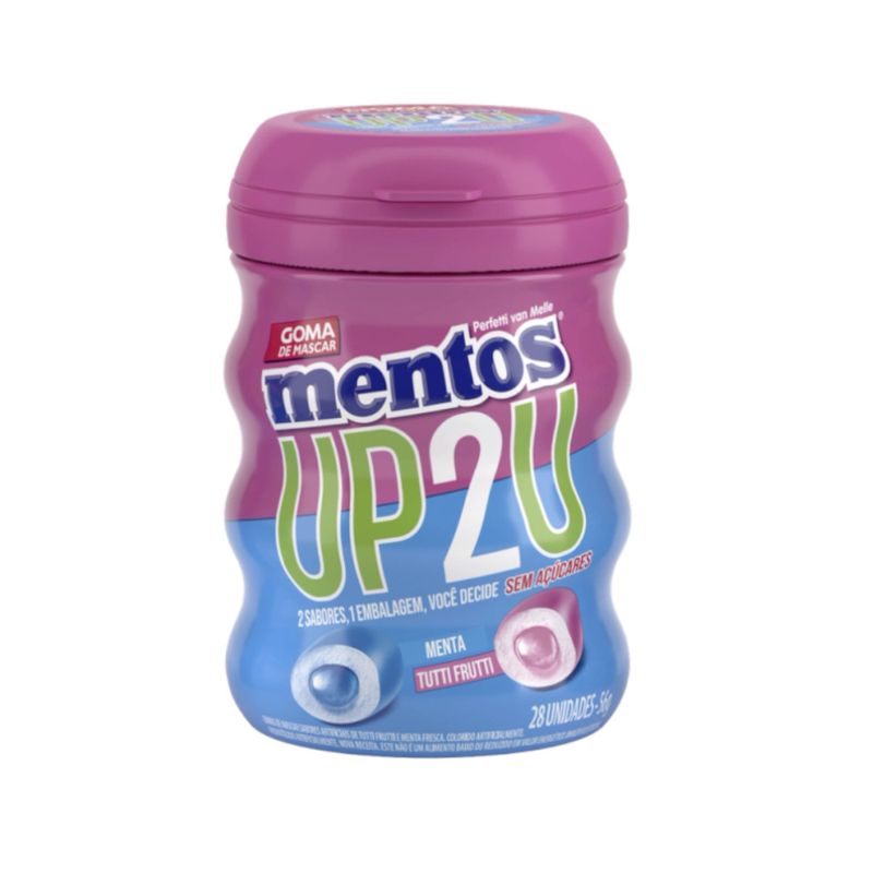 Goma de Mascar Sem Açúcar Mentos UP 2U Sabor Menta e Tutti Frutti Pote 56g
