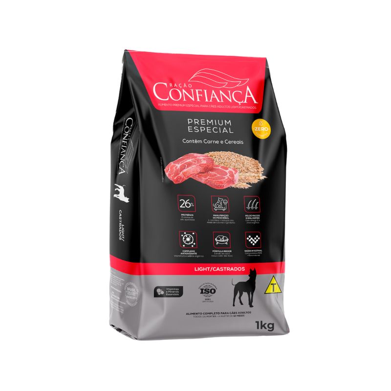 Ração para Cães Adultos CONFIANÇA Light Castrados Carne e Cereais Pacote 1kg