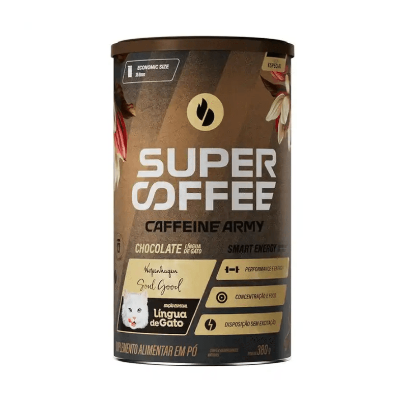 Suplemento Alimentar em Pó SuperCoffee Coffeine Army Lingua de Gato Sabor Chocolate Lata 380g